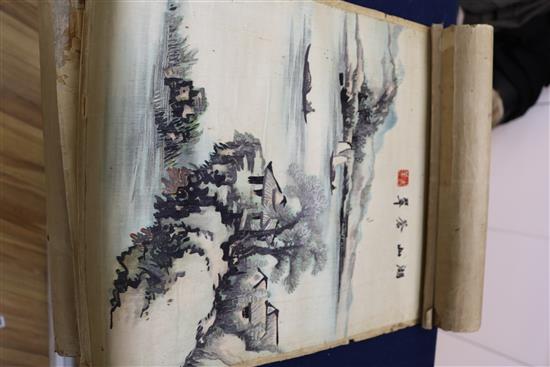 A Chinese embroidered silk scroll, a calligraphy scroll and a watercolour by Boni